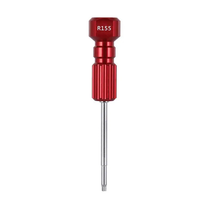 Dental Implant Screw Driver Manual Use R155 Red, featuring a bright red handle with R155 engraving, ribbed grip, and long stainless steel shaft for precise dental implant procedures in technician's room