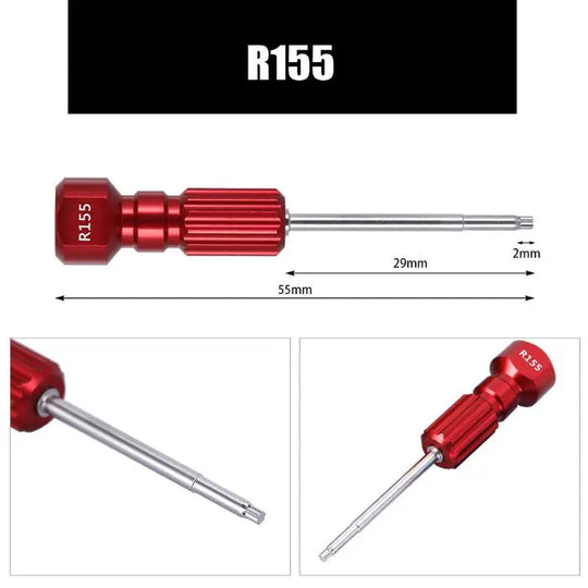 Dental Implant Screw Driver Manual Use R155 Red: Detailed image showing a red-handled precision screwdriver with stainless steel shaft, labeled R155. Multiple views display 55mm length, 29mm shaft, and 2mm tip width. For dental technician use only.