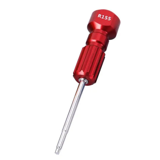 Dental Implant Screw Driver Manual Use R155 Red, featuring a bright red handle with R155 engraved, silver metal shaft, and hexagonal tip. Used for dental implant procedures in technician's room, made of medical-grade stainless steel.