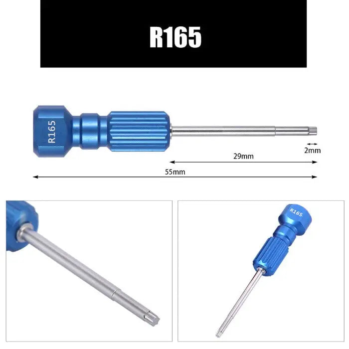 Dental Implant Screw Driver Manual Use R165 Blue, featuring a 2mm stainless steel tip, 29mm working length, and 55mm total length. Blue anodized handle with textured grip for precise control in dental technician's room.