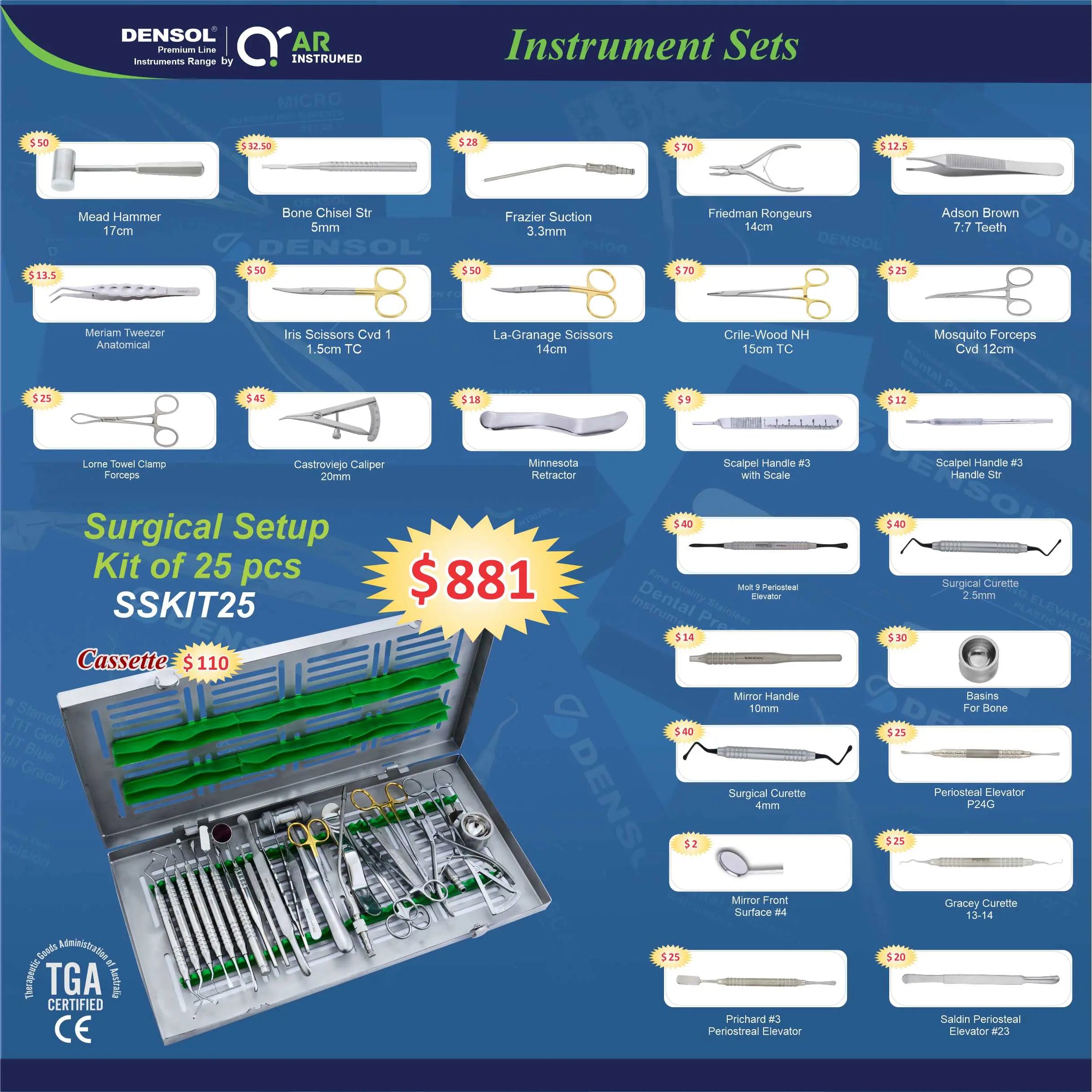 Dental Implant Surgery kit 25 Instruments: Comprehensive set of surgical tools displayed on blue background, including sterilization cassette. Detailed images of individual instruments with labels. TGA approved, 3-year warranty. Price $881. Professional-grade dental implant equipment for precision procedures.