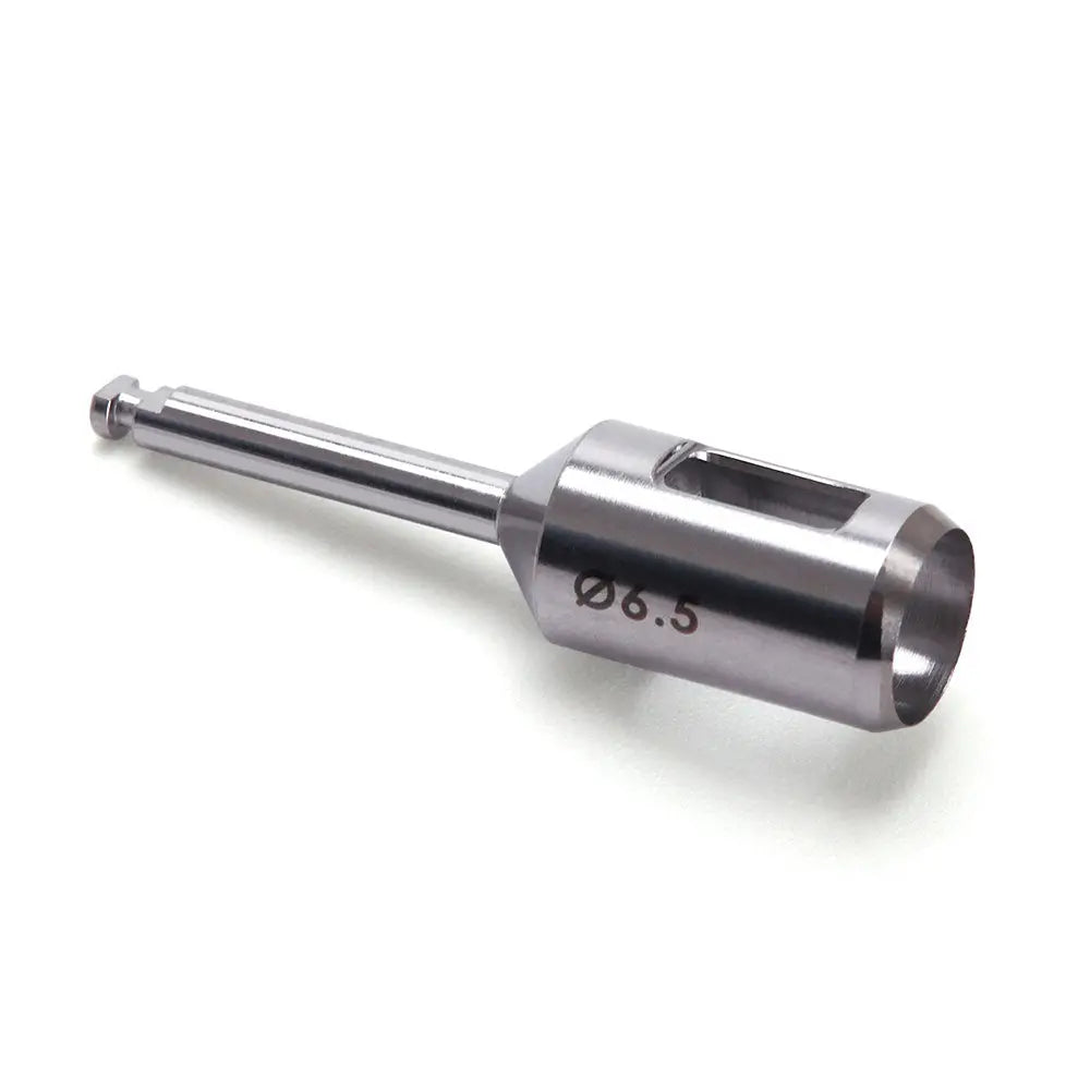 Dental Implant Tissue Punch Stainless Steel Φ 6.5 - Cylindrical surgical instrument with long shaft and hollow end, marked with 6.5 diameter, used for precision cutting in dental implant procedures