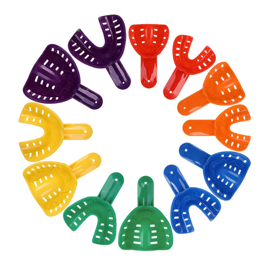 Dental Impression Tray Plastic Autoclavable Teeth Holder 12Pcs arranged in a colorful circular pattern, showcasing various sizes and shapes for adult and child use. Vibrant colors include purple, red, orange, yellow, green, and blue.