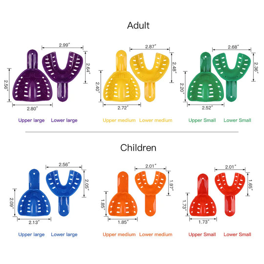 Dental Impression Tray Plastic Autoclavable Teeth Holder 12Pcs: Colorful plastic dental trays in various sizes for adults and children. Image shows six pairs of trays in purple, yellow, green, blue, orange, and red, with measurements for each size displayed.