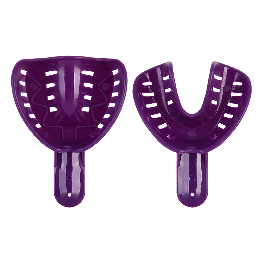 Dental Impression Tray Plastic Autoclavable Teeth Holder 12Pcs: Two purple plastic dental impression trays, one U-shaped and one full arch, with perforated designs for secure impressions and comfortable patient use, suitable for adults and children.