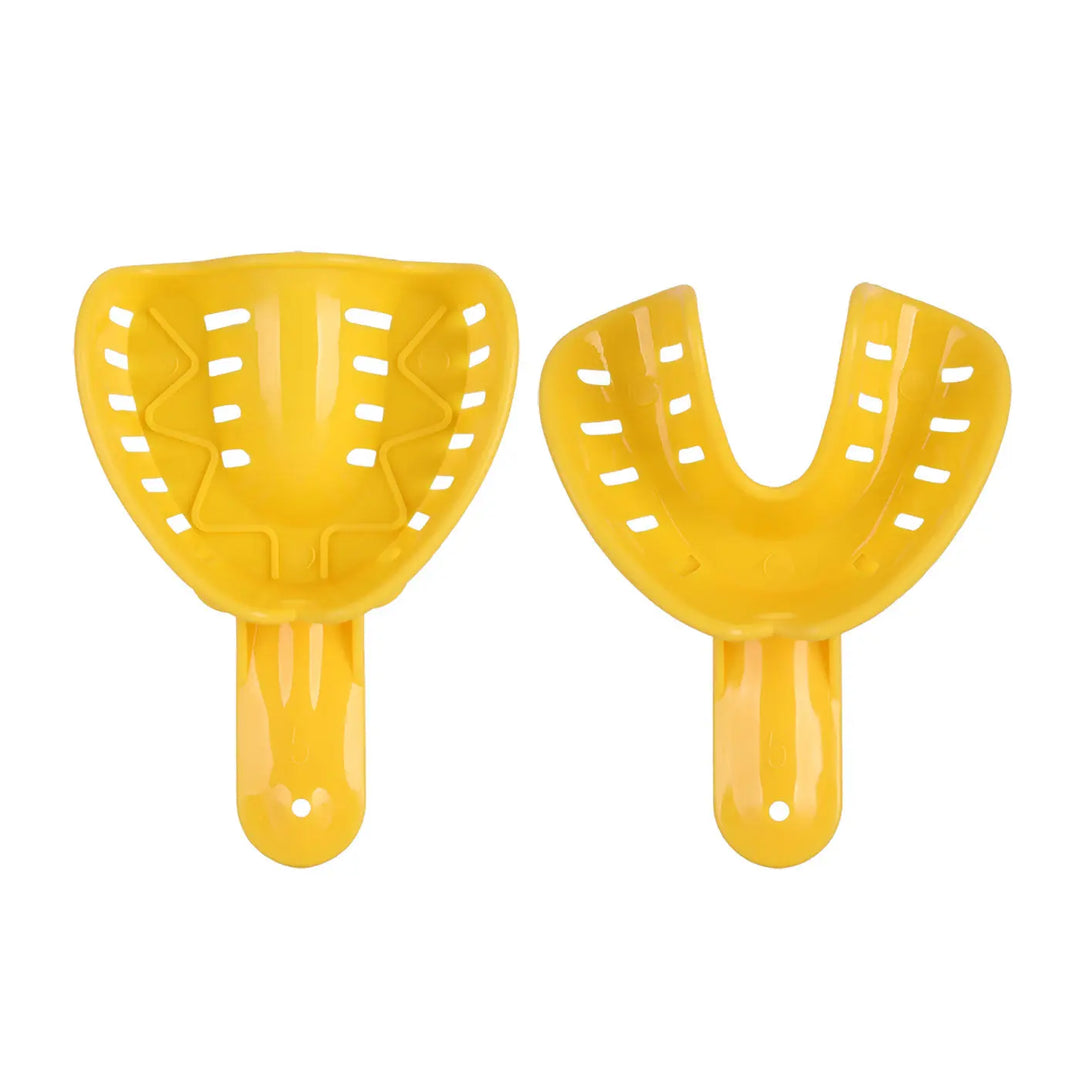 Dental Impression Tray Plastic Autoclavable Teeth Holder 12Pcs: Two yellow plastic dental impression trays with perforated design, one U-shaped and one wider for full mouth impressions, ergonomically designed for patient comfort and reusable after sterilization