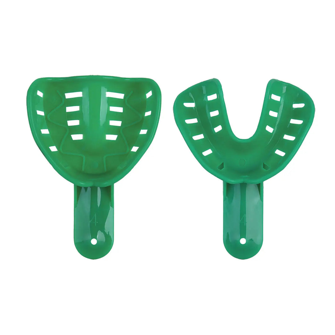 Dental Impression Tray Plastic Autoclavable Teeth Holder 12Pcs: Two green plastic dental impression trays, one full arch and one partial, with perforated designs for comfort and efficiency. Durable, reusable dental tools for taking accurate teeth impressions.