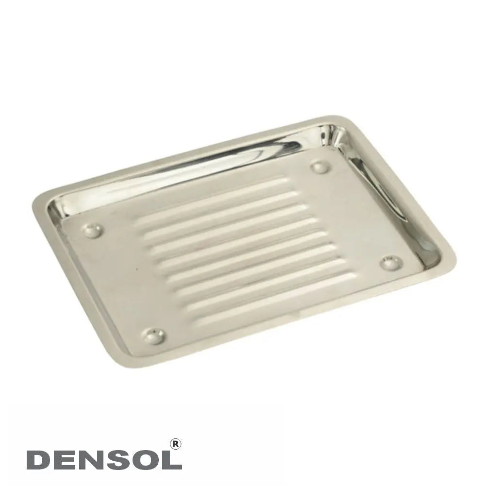 Dental Instruments Scaler Tray 10pcs: Stainless steel rectangular tray with raised edges and ribbed bottom for organizing dental scalers during procedures. Features DENSOL brand logo.