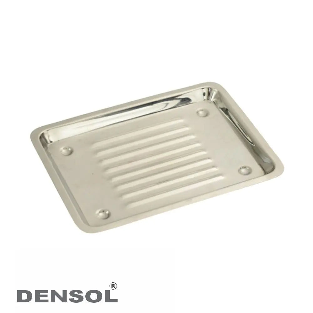 Dental Instruments Scaler Tray 5pcs: Stainless steel rectangular tray with ridged bottom and raised edges for organizing dental scaling instruments during procedures, featuring Densol brand logo