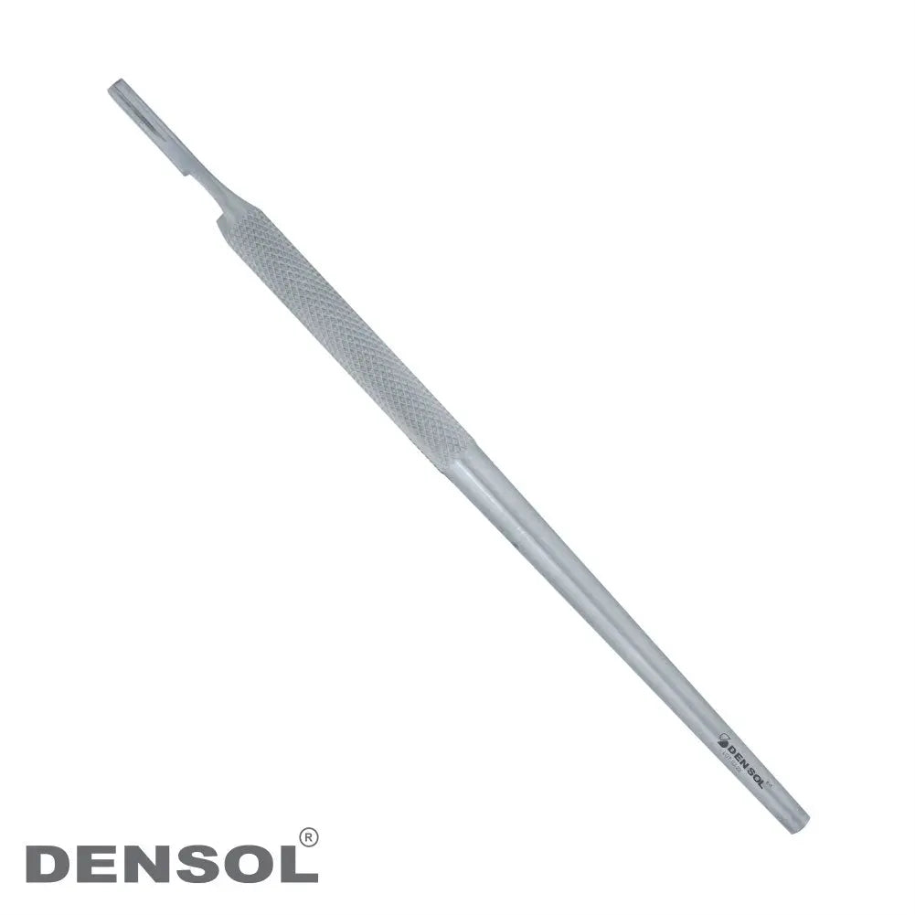 Dental Instruments, Round Scalpel Handle Straight - Stainless steel surgical tool with textured grip and long, slender design for precise cutting and incisions in dental procedures. Made by Densol, featuring a straight, round handle for enhanced control and dexterity.