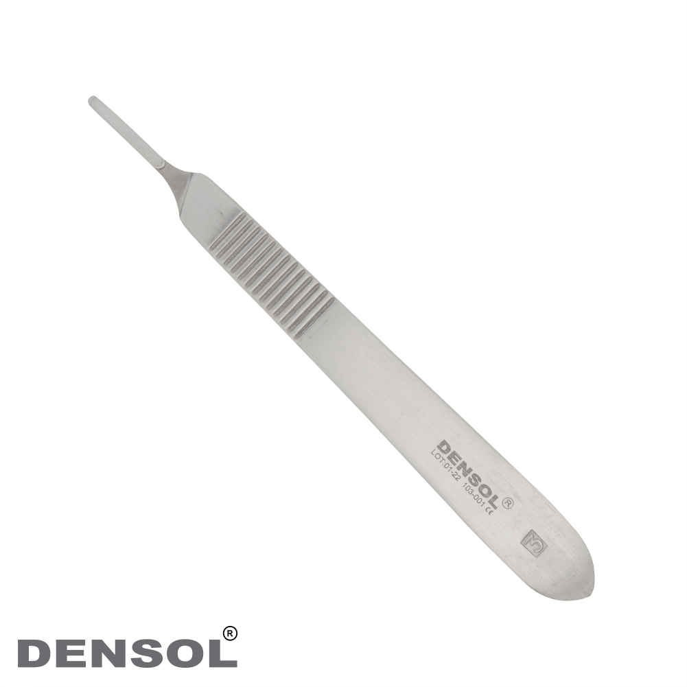 Dental Instruments, Scalpel Handle No. 3: High-quality stainless steel dental scalpel handle with ribbed grip for precise control. Sleek, professional design featuring Densol branding. Essential tool for dental procedures and surgeries.