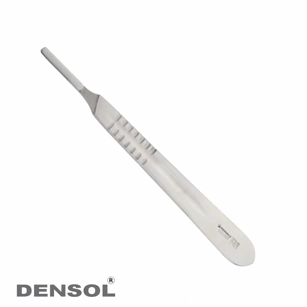 Dental Instruments, Scalpel Handle No. 4 - Stainless steel dental tool with long, slender handle featuring textured grip area for precise control. Densol brand professional-grade instrument for dental procedures.