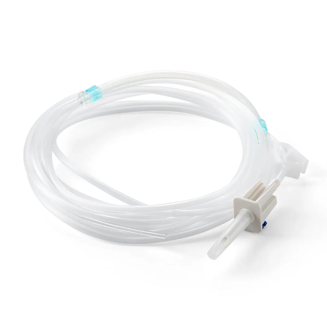 Dental Irrigation Disposable Tube: Long, coiled clear plastic tubing with blue connectors and white attachment for cooling during dental implant surgery. Single-use design for COXO C-SAILOR and A-CUBE systems, ensuring hygiene and safety in oral procedures.