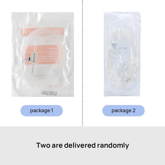 Two sealed transparent packages containing Dental Irrigation Disposable Tubes. Package 1 has a visible pink label, while Package 2 shows the coiled tubing. Text below indicates random delivery of the two packages.