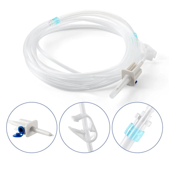 Dental Irrigation Disposable Tube: Long, clear plastic tubing with connectors for COXO C-SAILOR and A-CUBE systems. Features blue-tipped ends and white attachments for secure fitting. Used for cooling during implant surgery with compatible surgical motors.