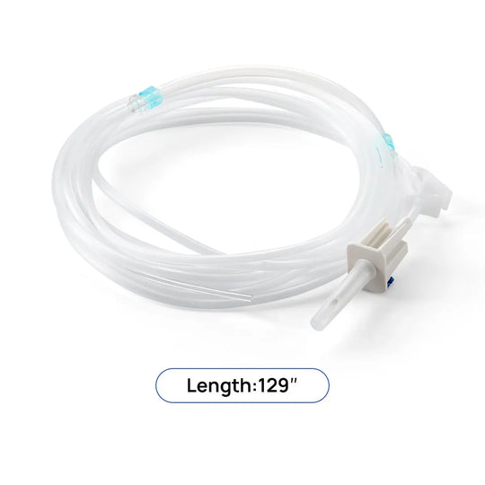 Dental Irrigation Disposable Tube: Long, clear plastic tubing with blue connectors and white attachment, used for oral irrigation during dental procedures. Measures 129 inches in length, designed for single-use applications in dental implant surgeries.