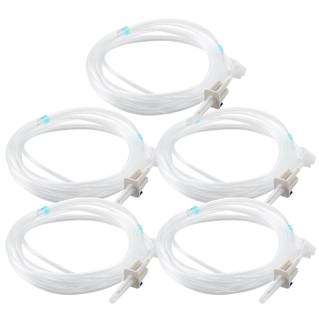 Dental Irrigation Disposable Tubes: Set of five clear plastic irrigation tubes with connectors for COXO C-SAILOR and A-CUBE dental implant surgery. Each tube features blue markings and white end pieces for secure attachment to surgical motors, providing cooling during procedures.