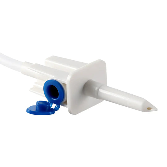 Dental Irrigation Disposable Tube with white plastic connector, blue cap, and clear tubing for COXO C-SAILOR and A-CUBE surgical motors. Single-use oral irrigation kit for implant surgery cooling, 116.14 inches long.