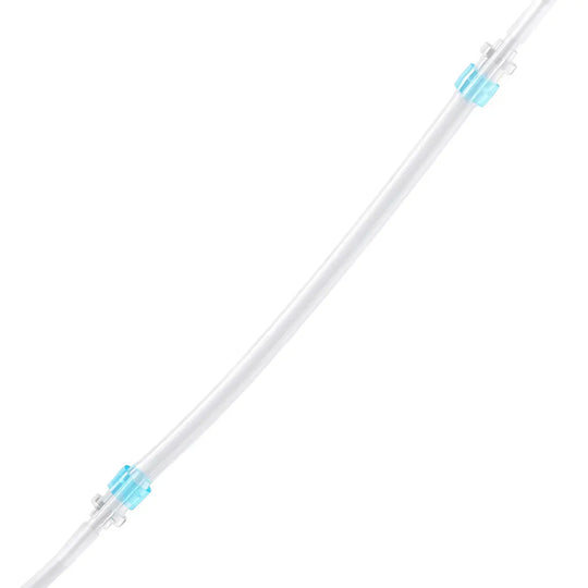 Dental Irrigation Disposable Tube: Long white flexible tube with blue connectors at both ends for precise water delivery during dental procedures, ensuring optimal cooling and irrigation for implant surgeries and oral treatments.