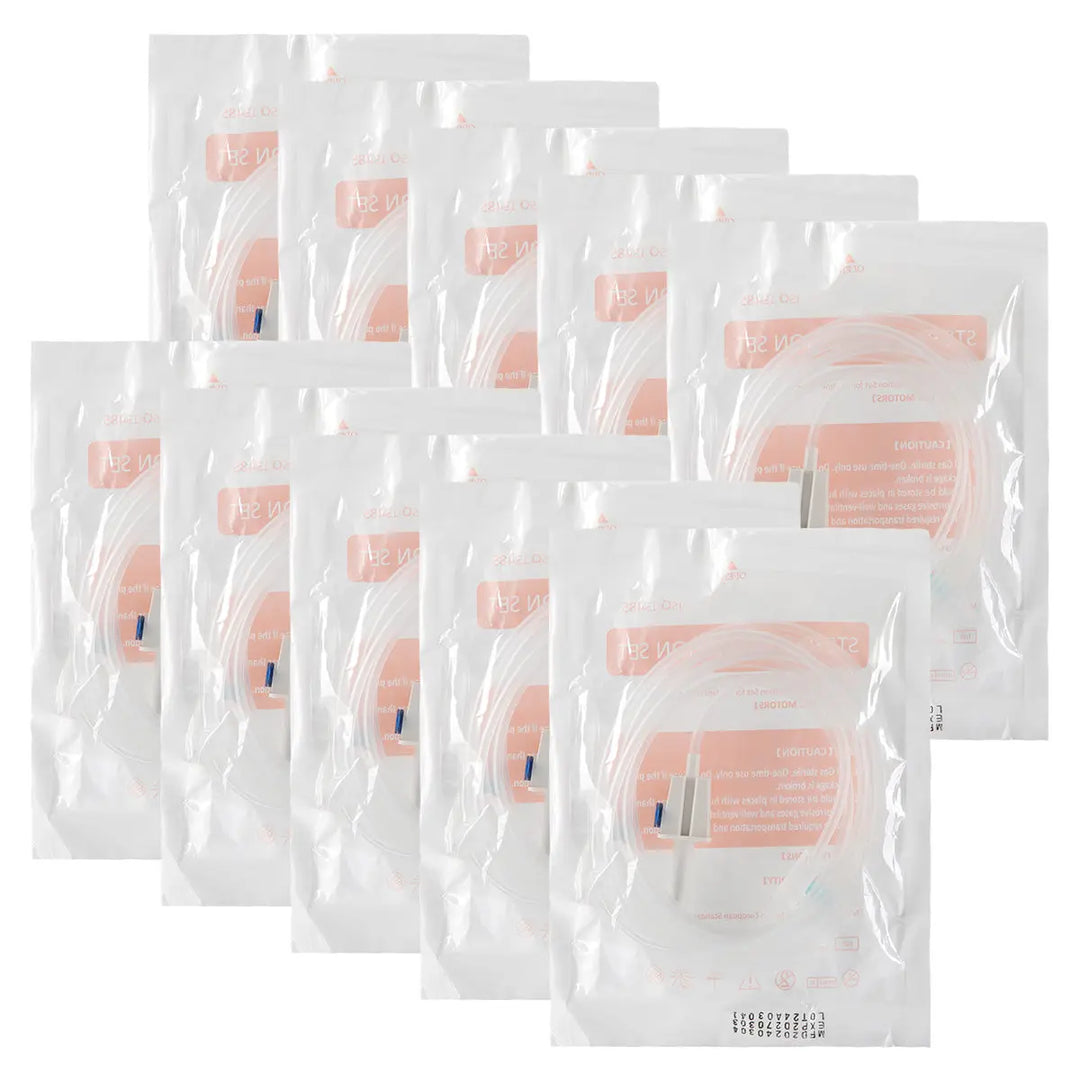 Multiple sealed plastic bags containing Dental Irrigation Disposable Tubes for oral irrigation and implant surgery cooling, arranged in rows on a white background. Each bag displays product information on a pink label.