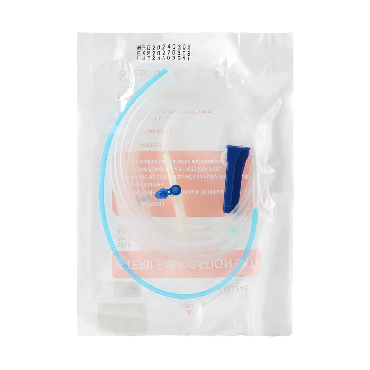 Dental Irrigation Disposable Tube in sealed packaging, featuring a long blue flexible tube for use during implant surgery. Clear plastic bag with product information and a visible 296cm length measurement.