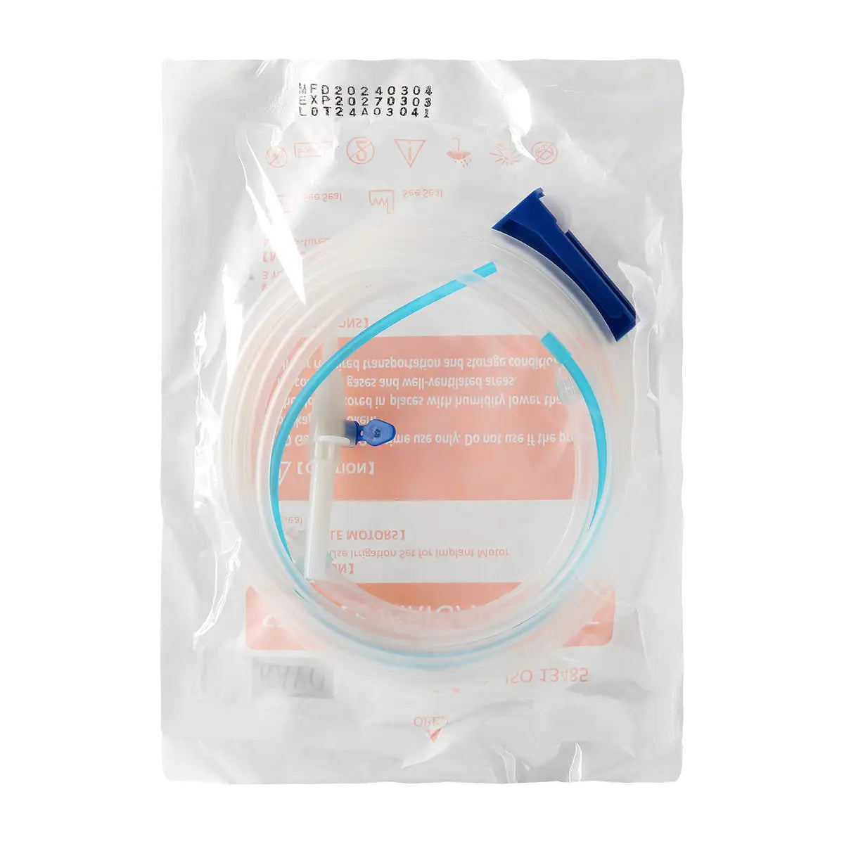 Dental Irrigation Disposable Tube in sealed package, featuring long transparent tubing with blue connector for KAVO surgical motors. Single-use sterile irrigation kit for implant surgery cooling, 118.1 inches long.