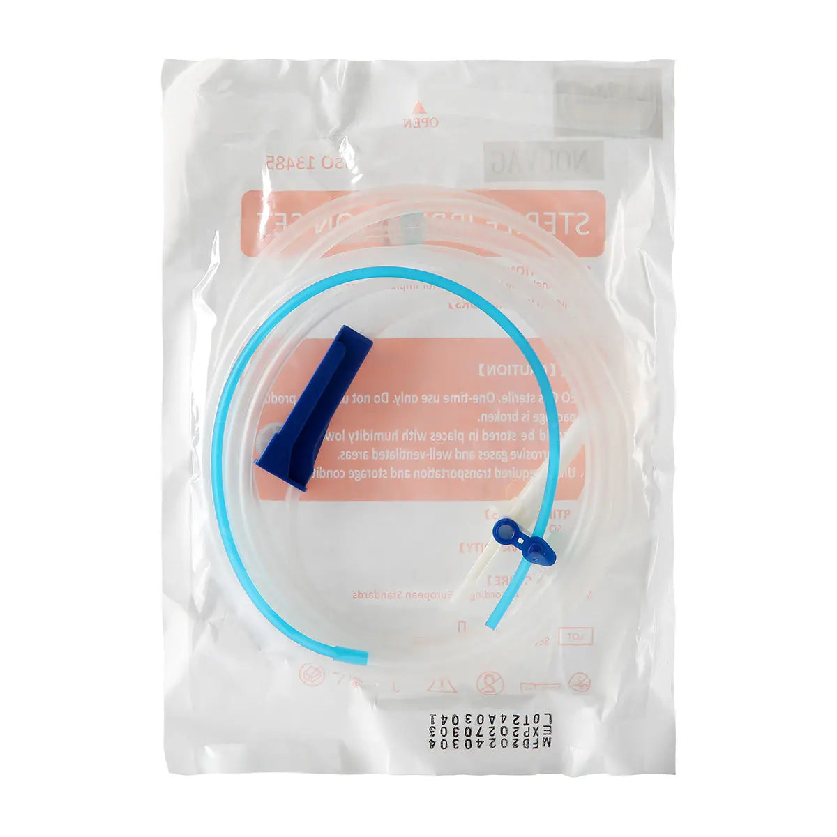 Dental Irrigation Disposable Tube in sealed package, showing clear plastic tubing with blue connector and navy attachment. Single-use oral irrigation kit for implant surgery cooling, 280cm length. Sterile medical device for NOUVAG surgical motors.