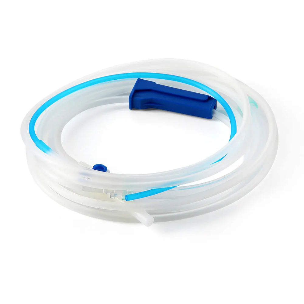 Dental Irrigation Disposable Tube: Clear plastic tubing with blue connector for oral irrigation during implant surgery. 280cm long, single-use NOUVAG compatible hose set for cooling and irrigation in dental procedures.