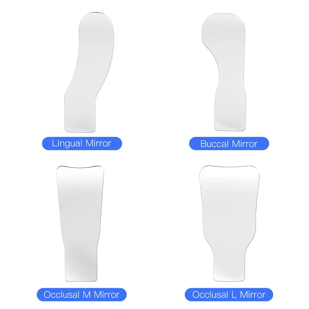 Four types of Dental LED Automatic Anti-fog Mirrors for Oral Photography: Lingual, Buccal, Occlusal M, and Occlusal L reflectors shown on white background with blue labels, designed for various dental imaging needs.