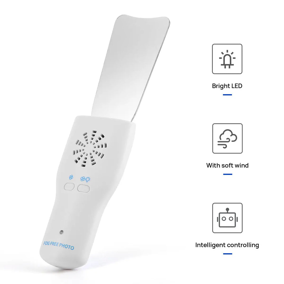 Dental LED Automatic Anti-fog Mirror for oral photography with bright LED, soft wind feature, and intelligent controlling. White handheld device with reflective surface, ventilation holes, and control buttons for enhanced dental imaging and examination.