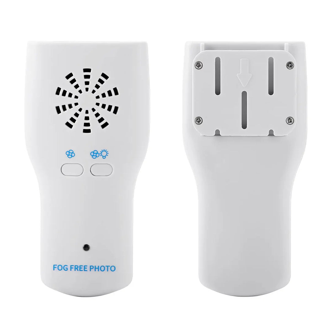 Dental LED Automatic Anti-fog Mirrors for Oral photography: White handheld device with circular air vent, two control buttons, and mounting slots for reflectors. Features "FOG FREE PHOTO" label, designed for clear dental imaging and comfort.