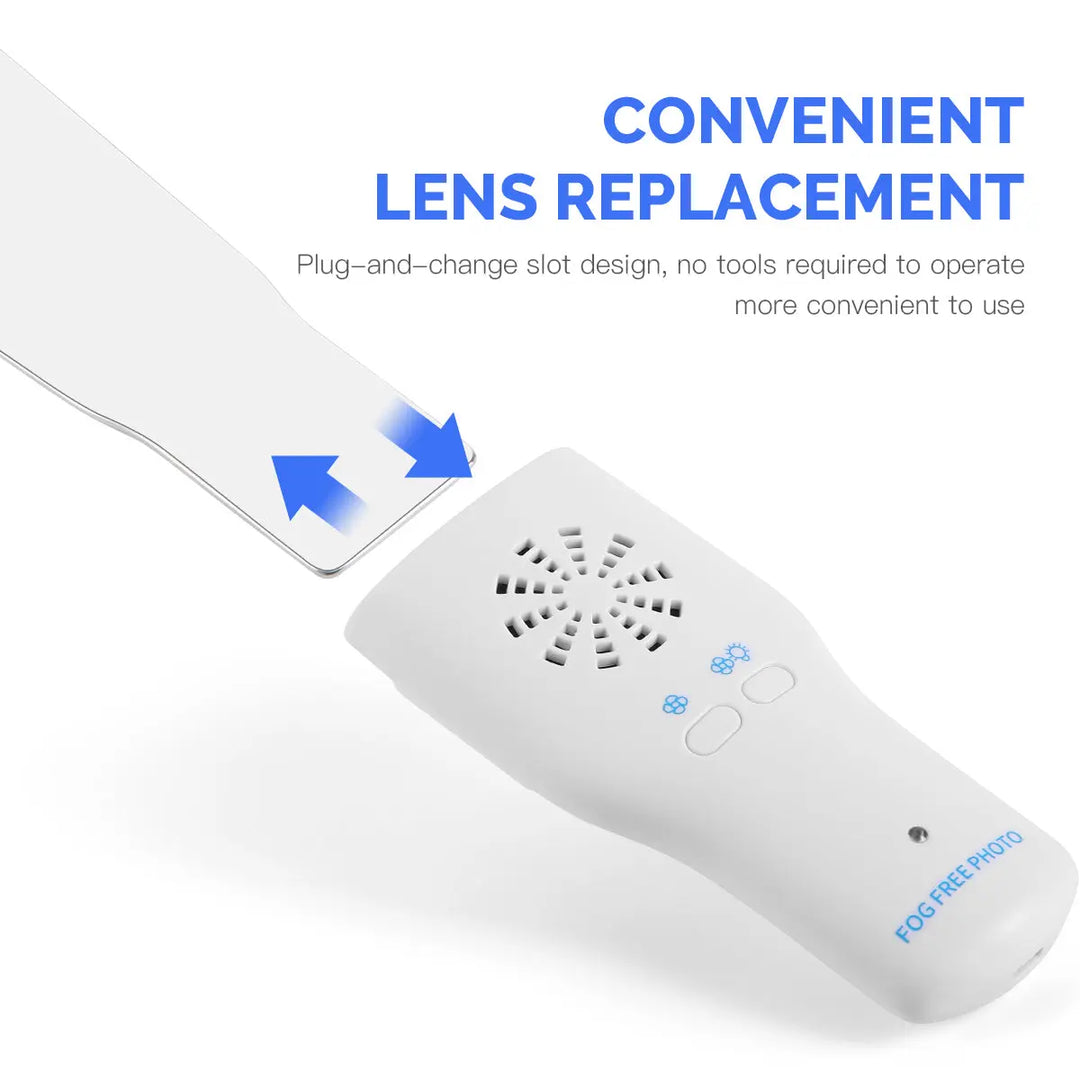 Dental LED Automatic Anti-fog Mirror with convenient lens replacement feature. White handheld device with plug-and-change slot design for easy lens swapping. Blue text highlights "Convenient Lens Replacement" and no-tool operation, enhancing usability for oral photography.