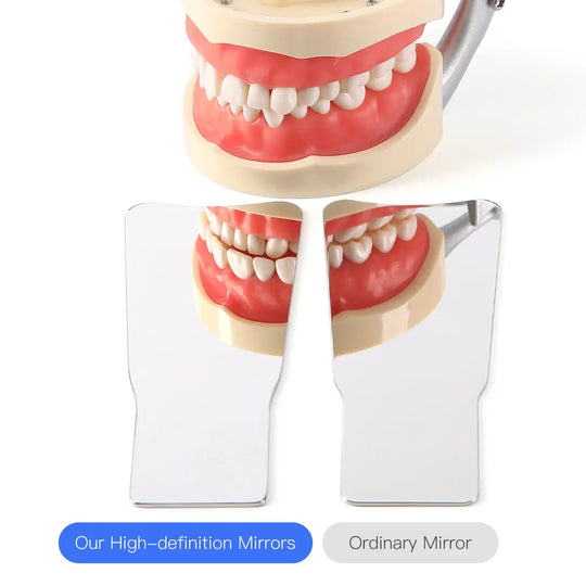 Dental LED Automatic Anti-fog Mirrors showing comparison between high-definition and ordinary mirrors reflecting dental model. Clear visibility of teeth in high-definition mirror demonstrates product effectiveness for oral photography.