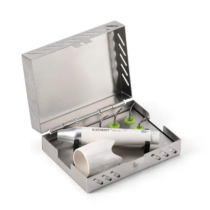 Dental LED Ultrasonic Scaler Handpiece HW-5L & Tips Kit in stainless steel case, showing handpiece, multiple scaler tips, and torque wrench. Compatible with EMS, Woodpecker, VRN Scaler, autoclavable at 135°C.