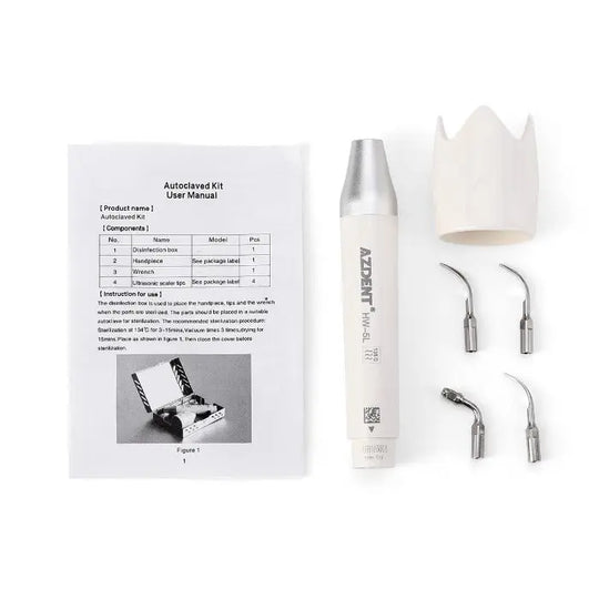 Dental LED Ultrasonic Scaler Handpiece HW-5L & Tips G1 G2 P1 E1 Kit with user manual, silver handpiece, white holder, and four detachable scaler tips for various dental procedures, compatible with EMS, Woodpecker, and VRN Scaler systems