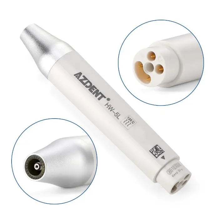 Dental LED Ultrasonic Scaler Handpiece HW-5L with close-up views of its connector and tip, part of the Dental LED Ultrasonic Scaler Handpiece HW-5L & Tips G1 G2 P1 E1 Kit for EMS, Woodpecker, VRN Scaler compatibility