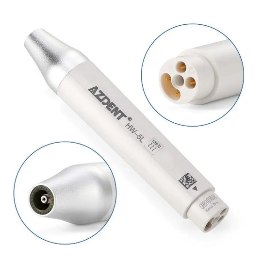 Dental LED Ultrasonic Scaler Handpiece HW-5L with close-up views of its connector and tip, part of the Dental LED Ultrasonic Scaler Handpiece HW-5L & Tips G1 G2 P1 E1 Kit for EMS, Woodpecker, VRN Scaler compatibility