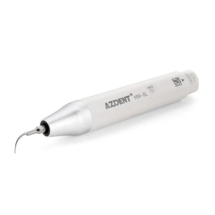 Dental LED Ultrasonic Scaler Handpiece HW-5L, white and silver professional dental tool with curved metal tip, part of kit with multiple scaler tips for various dental procedures, compatible with EMS, Woodpecker, and VRN Scaler systems