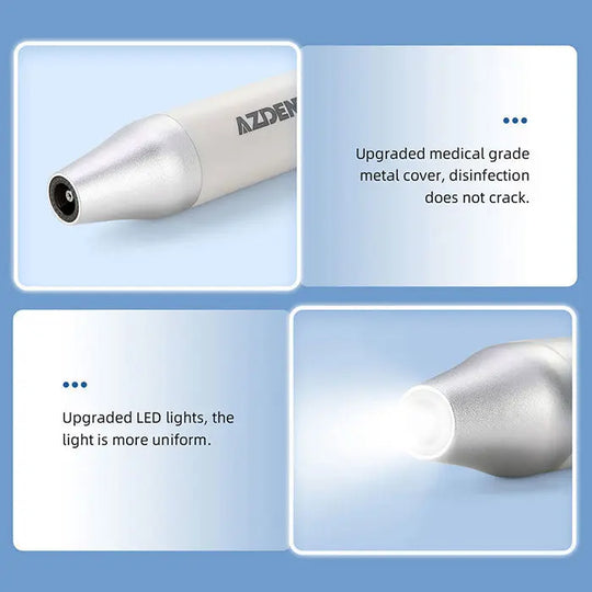 Dental LED Ultrasonic Scaler Handpiece HW-5L & Tips Kit: White AZDEN handpiece with upgraded medical-grade metal cover and uniform LED light for improved visibility during dental procedures. Compatible with EMS, Woodpecker, VRN Scaler systems.