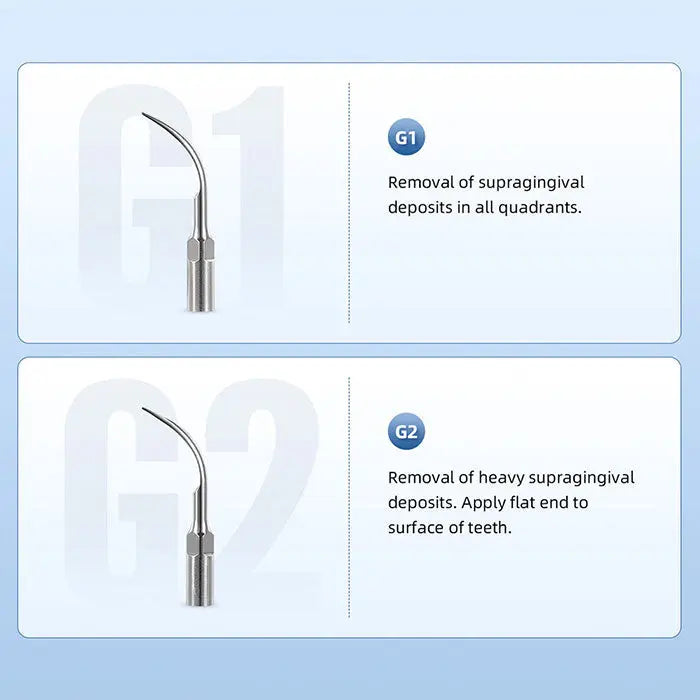 Dental LED Ultrasonic Scaler Handpiece HW-5L & Tips G1 G2 P1 E1 Kit: Two dental scaler tips G1 and G2 shown with descriptions. G1 for supragingival deposits removal, G2 for heavy deposits on anterior teeth. Stainless steel instruments with curved ends for precise dental cleaning.