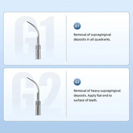 Dental LED Ultrasonic Scaler Handpiece HW-5L & Tips G1 G2 P1 E1 Kit: Two dental scaler tips G1 and G2 shown with descriptions. G1 for supragingival deposits removal, G2 for heavy deposits on anterior teeth. Stainless steel instruments with curved ends for precise dental cleaning.