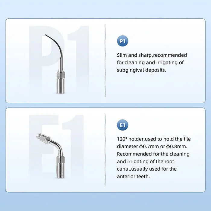 Dental LED Ultrasonic Scaler Handpiece HW-5L & Tips Kit: P1 slim tip for subgingival deposits, E1 120° holder for anterior teeth root canal irrigation. Professional dental tools for efficient cleaning and treatment.