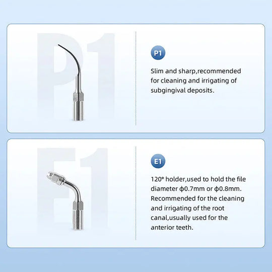 Dental LED Ultrasonic Scaler Handpiece HW-5L & Tips Kit: P1 slim tip for subgingival deposits, E1 120° holder for anterior teeth root canal irrigation. Professional dental tools for efficient cleaning and treatment.