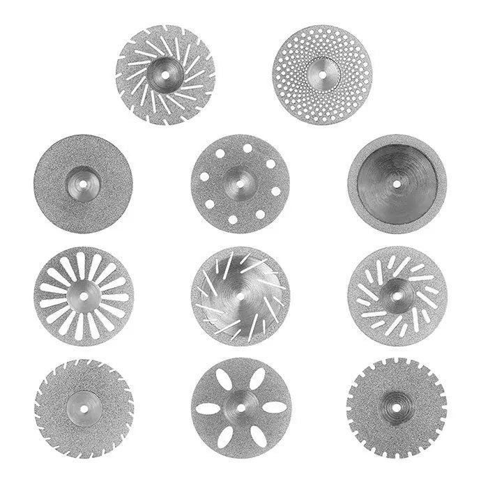 Various designs of Dental Lab Thin Diamond Disc Cutting Double Side Disk Tools for Polisher Machine, showcasing different patterns and sizes suitable for dental work including dividing, separating, fabricating, and contouring dental materials.