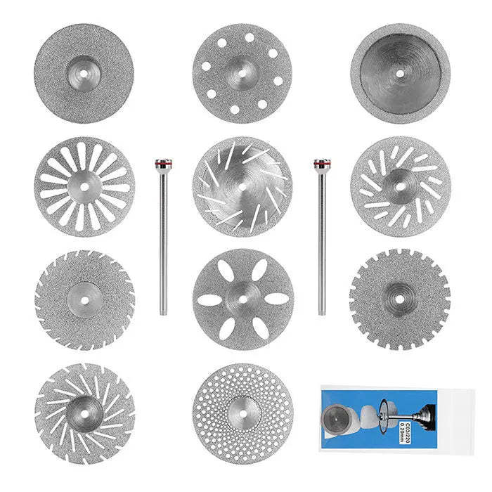 Various dental lab diamond discs and cutting tools for polisher machine, including thin, double-sided, and different patterns, showcasing the Dental Lab Thin Diamond Disc Cutting Double Side Disk Tool For Polisher Machine product.