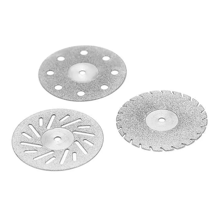 Dental Lab Thin Diamond Disc Cutting Double Side Disk Tool for Polisher Machine: Set of three silver diamond-coated discs with different cutting patterns and perforations, designed for precision dental work and material shaping.