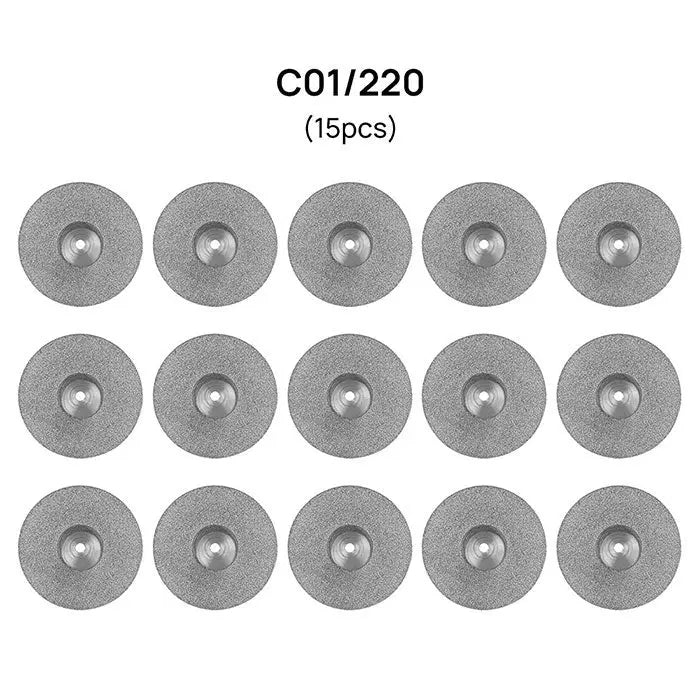 Dental Lab Thin Diamond Disc Cutting Double Side Disk Tool: Image showing 15 silver circular discs labeled C01/220, arranged in 3 rows of 5. Each disc has a central hole and textured surface, ideal for dental polishing and cutting applications.