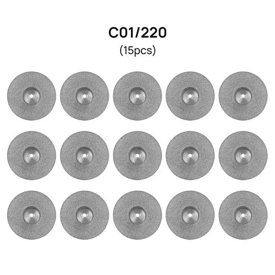 Dental Lab Thin Diamond Disc Cutting Double Side Disk Tool: Image showing 15 silver circular discs labeled C01/220, arranged in 3 rows of 5. Each disc has a central hole and textured surface, ideal for dental polishing and cutting applications.