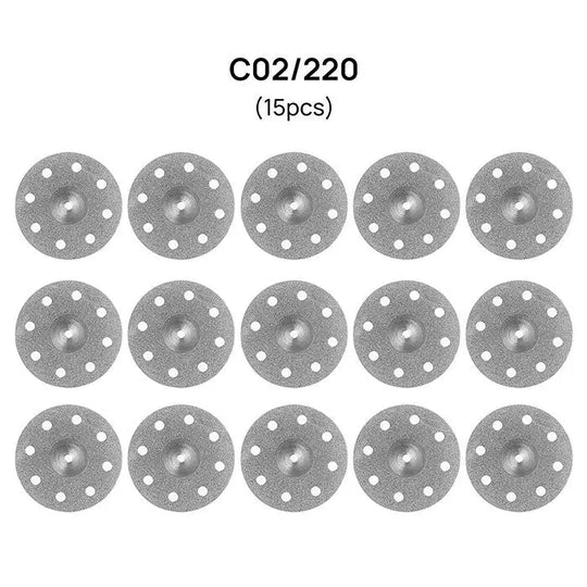 Dental Lab Thin Diamond Disc Cutting Double Side Disk Tool: Image shows 15 circular gray discs with perforated edges and central holes, arranged in 3 rows of 5. Each disc has multiple small holes around its circumference. Text "C02/220 (15pcs)" appears above the discs.