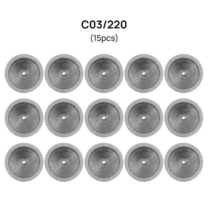 Dental Lab Thin Diamond Disc Cutting Double Side Disk Tool set of 15 circular cutting discs for polisher machine, labeled C03/220, shown in grayscale with visible diamond-coated edges for precise dental work